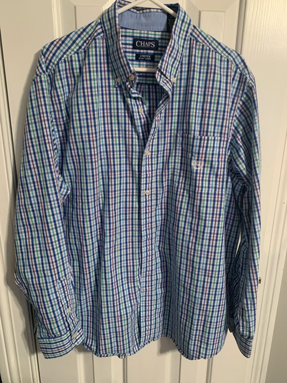 Chaps Men’s Blue, Green & White Plaid Button-Down Shirt
